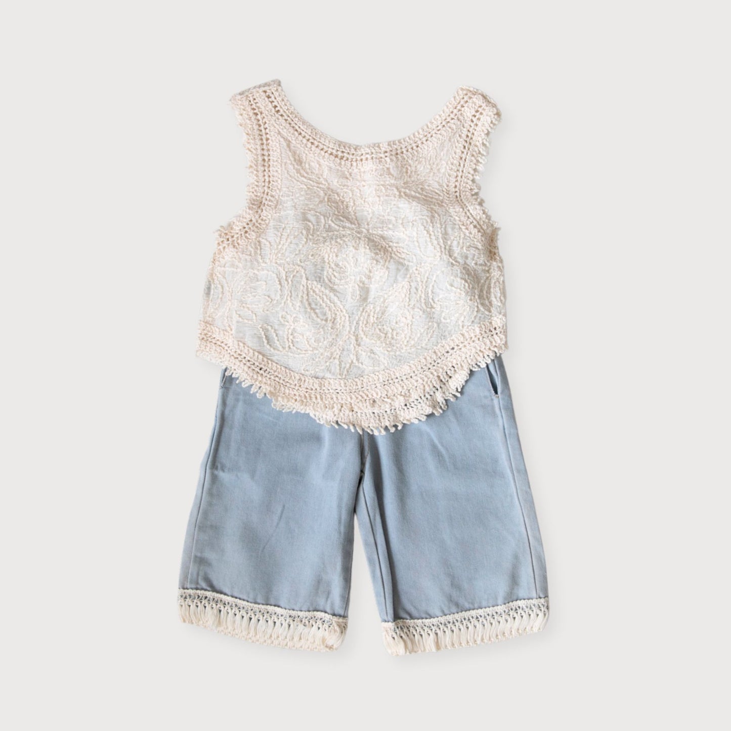 Cream Fringe Strappy Top & Jeans Set