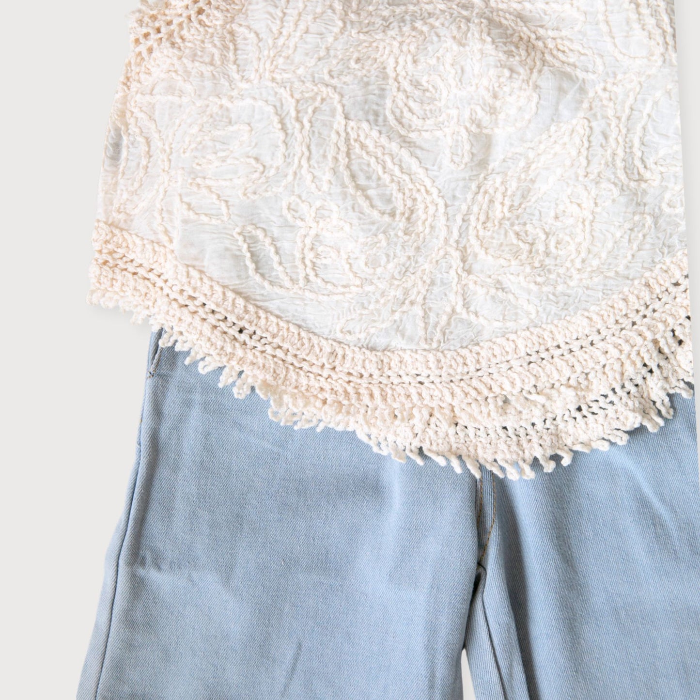 Cream Fringe Strappy Top & Jeans Set