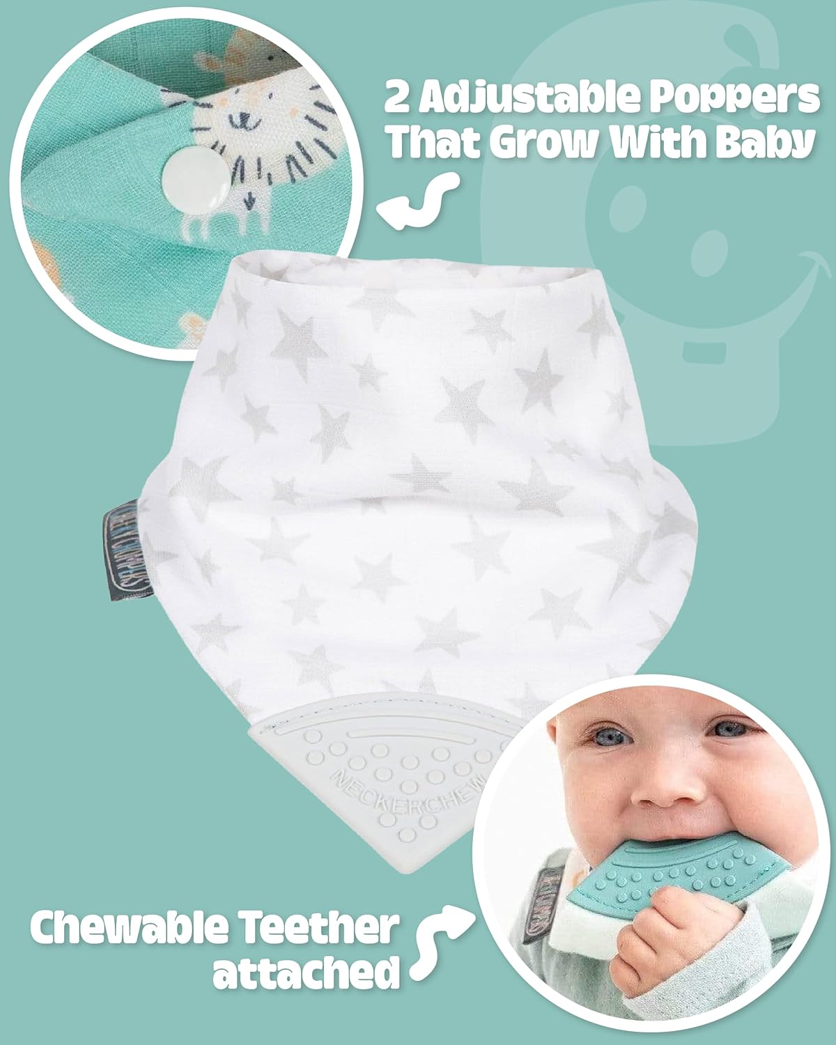 Neckerchew Teething Muslin Dribble Bib - Silver Stars - Muddy Boots Home UK