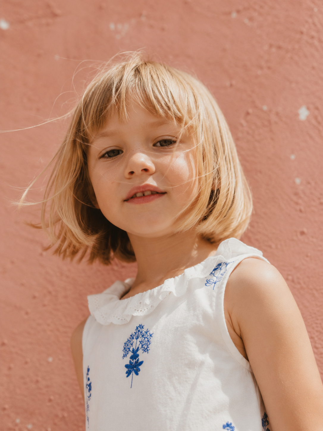 White Cotton Dress with Blue Floral Embroidery