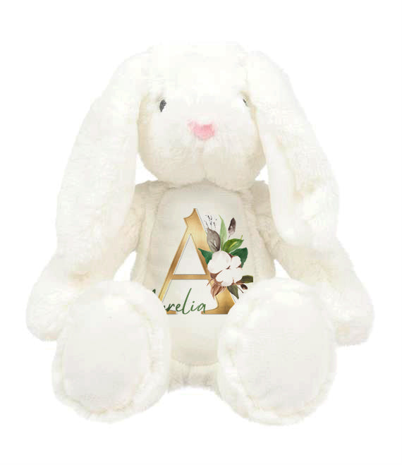 Personalized super soft grey bunny with long floppy ears, ideal for christenings, first birthdays, and newborn gifts. Customize with name, date of birth, or birth weight for a special touch.