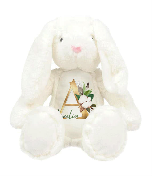 Personalized super soft grey bunny with long floppy ears, ideal for christenings, first birthdays, and newborn gifts. Customize with name, date of birth, or birth weight for a special touch.