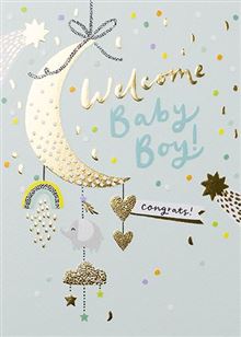 Welcome Baby Boy Card - Moon & Elephant - Muddy Boots Home UK
