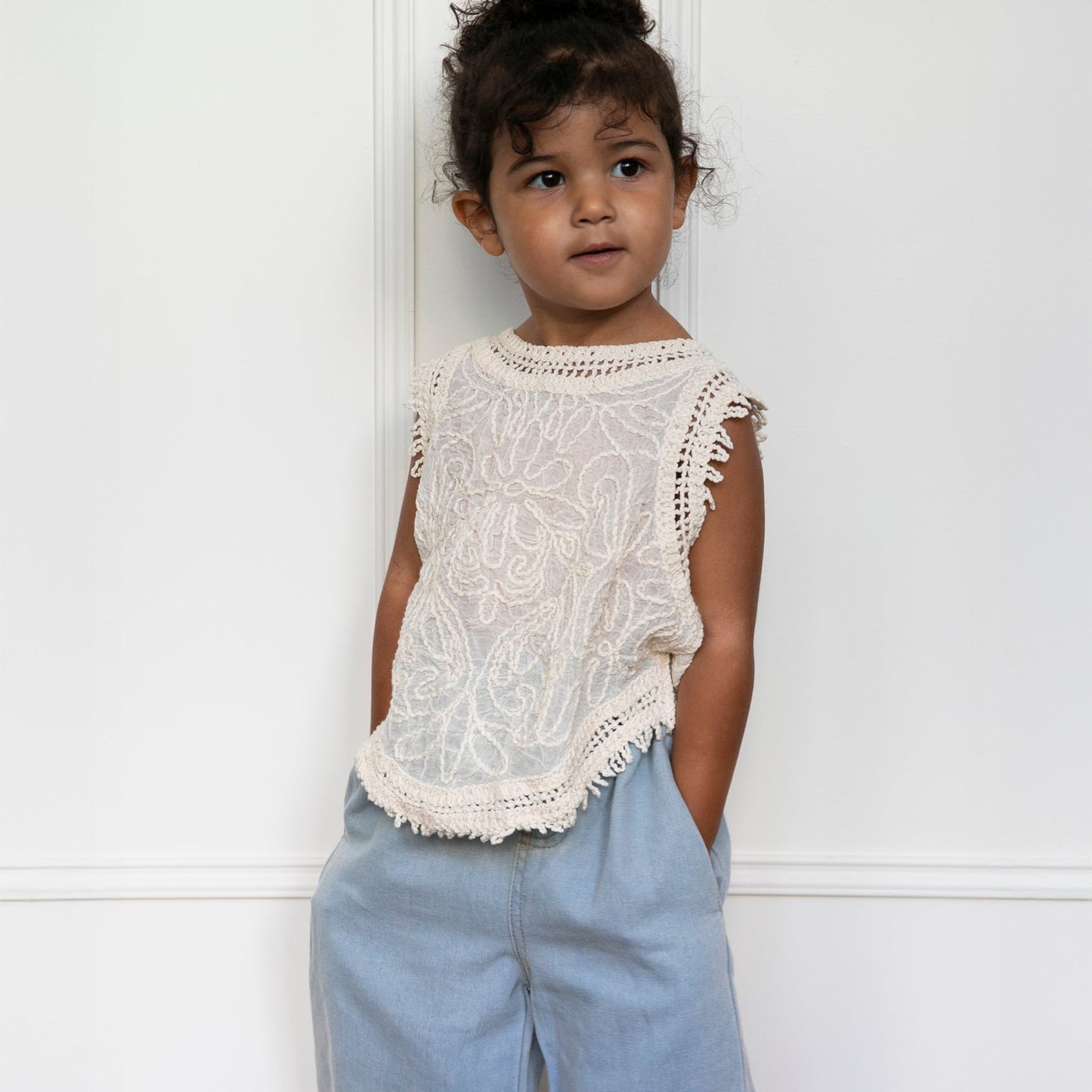 Cream Fringe Strappy Top & Jeans Set
