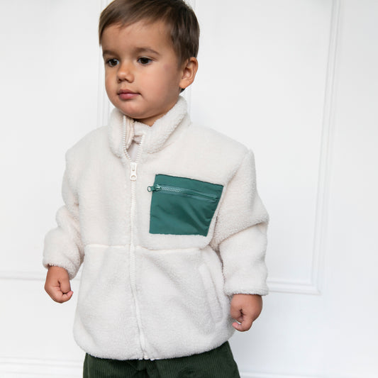 Cream Teddy Zip Jacket with Green Pocket
