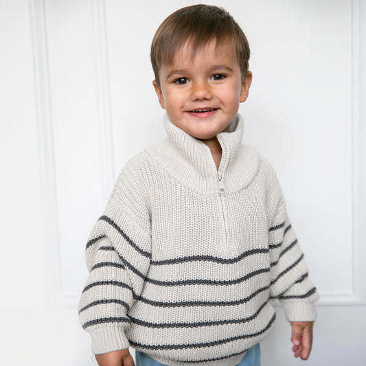 Beige Striped Half-Zip Knit