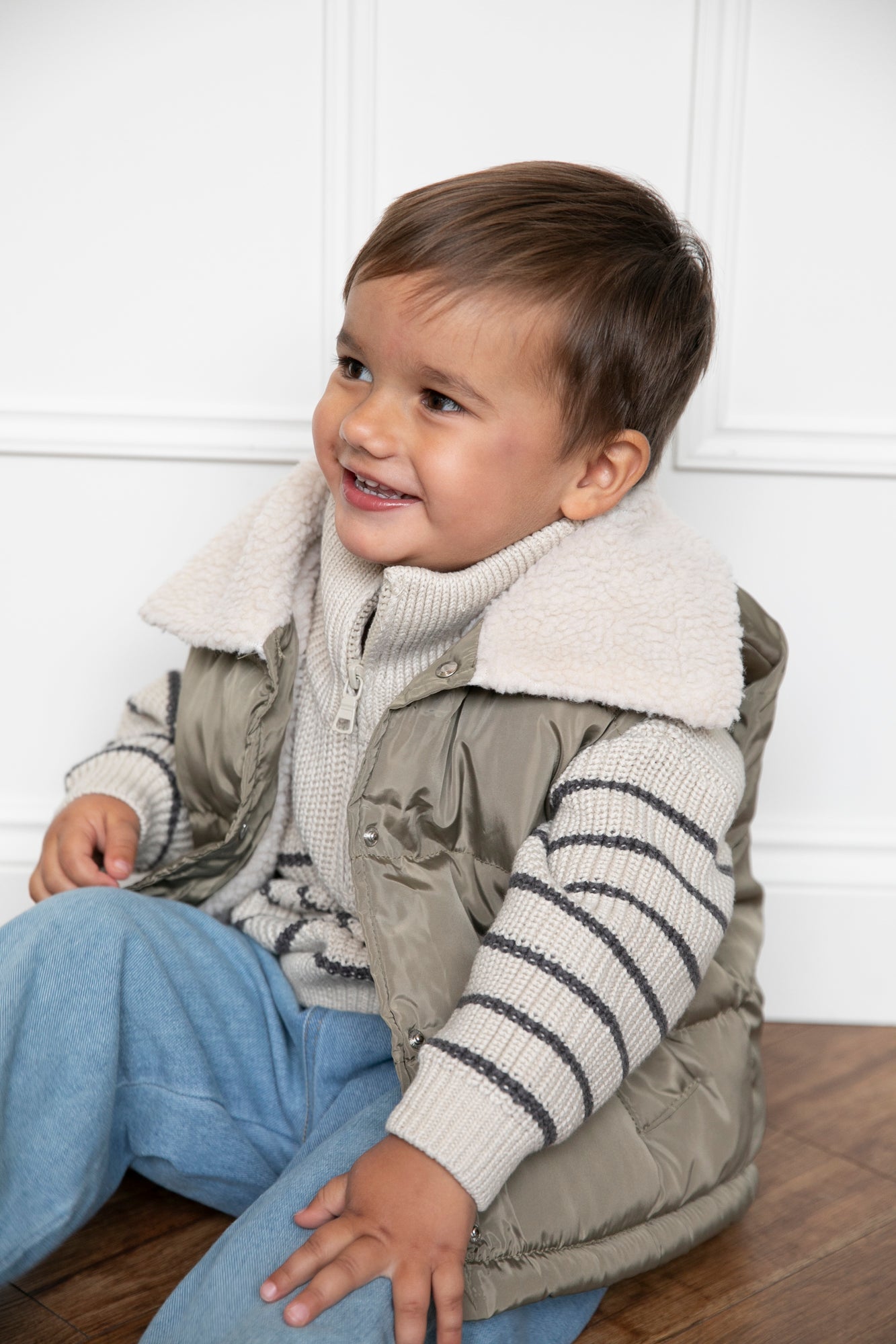 Beige Striped Half-Zip Knit