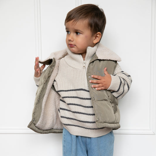 Khaki Padded Gilet with Shearling Collar