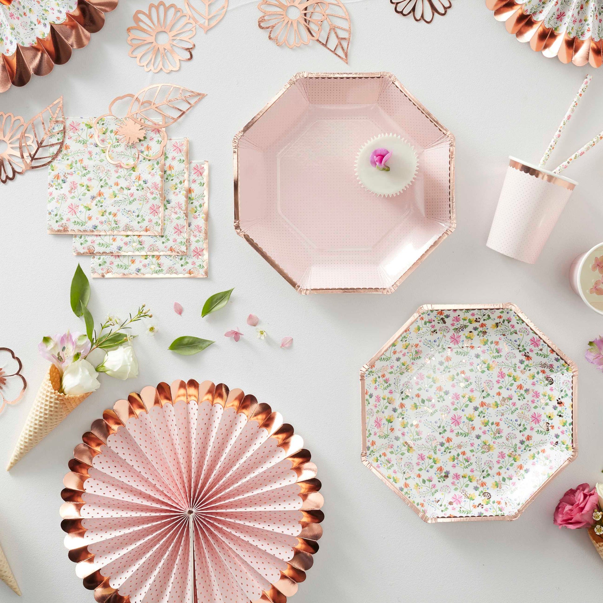 Rose Gold Foiled Paper Floral Plates - Muddy Boots Home UK