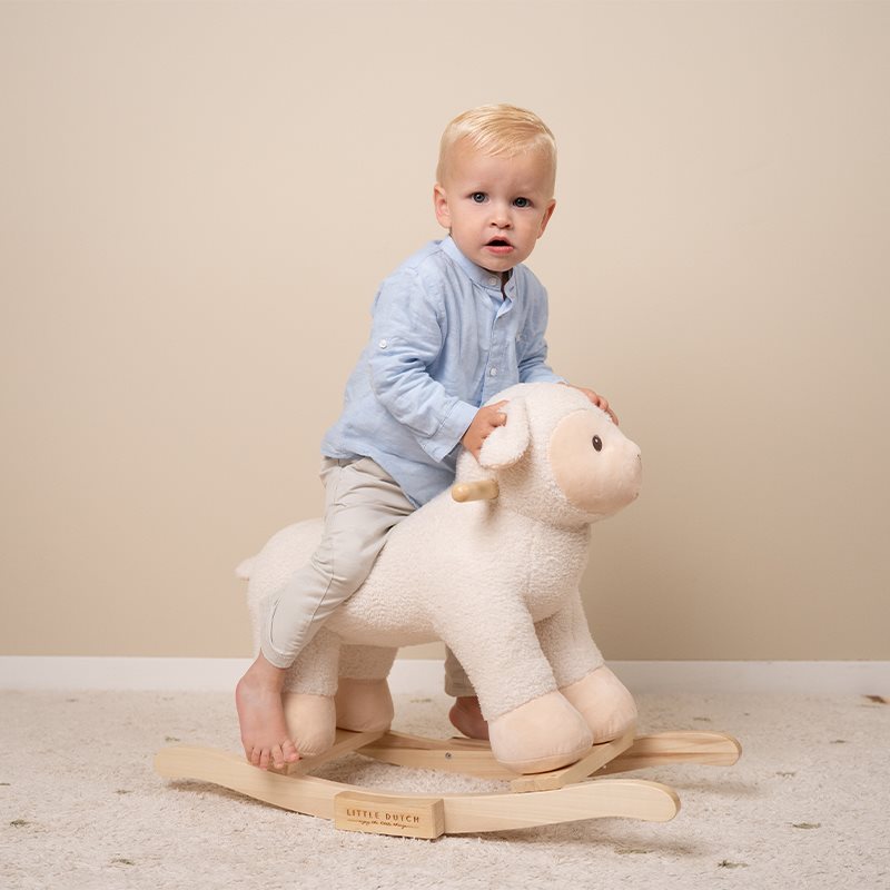 A plush pink rocking sheep by Little Dutch, perfect for toddlers to ride and play.