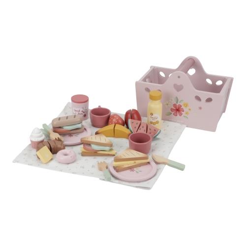 A complete wooden picnic play set by Little Dutch with plates, cutlery, and a picnic basket.