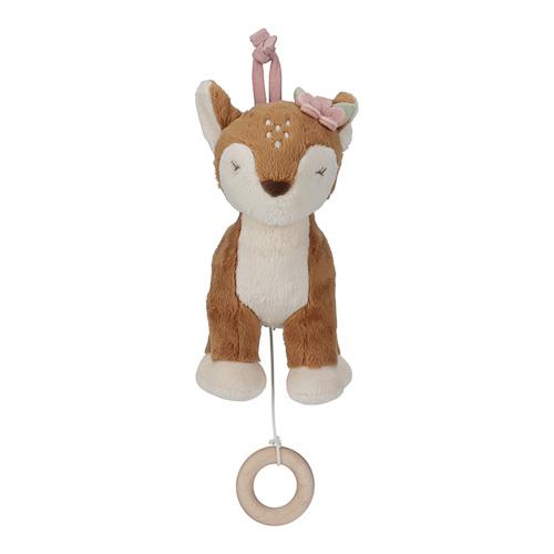 A musical deer toy by Little Dutch, playing a lullaby with a pull of the wooden ring.