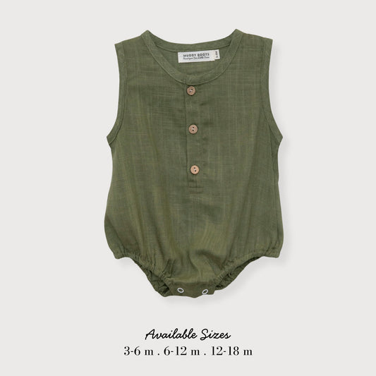Cotton-Linen Button Romper – Olive