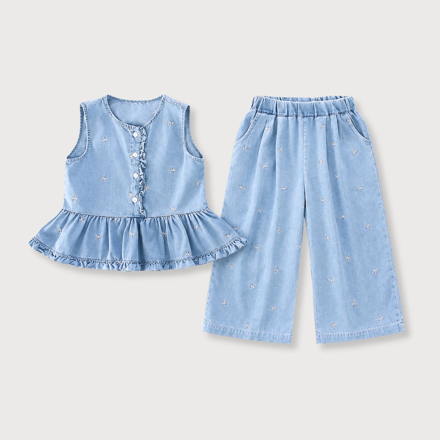 Embroidered Denim Two-Piece Set