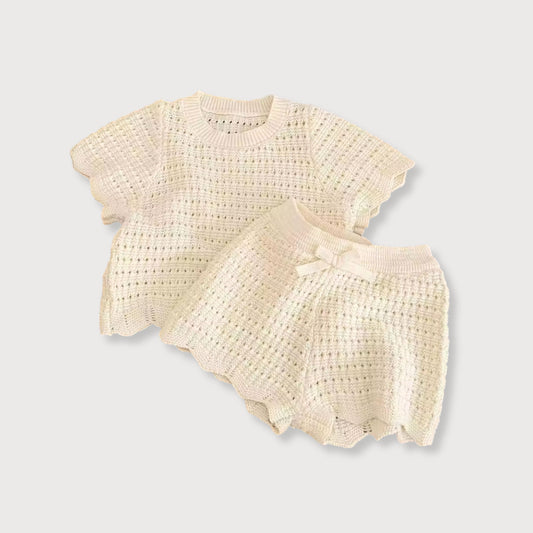 Cream Cotton Knitted Shorts & Top Set
