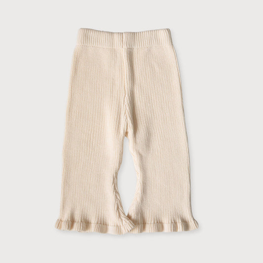Cream Knit Trousers with Frill Hem