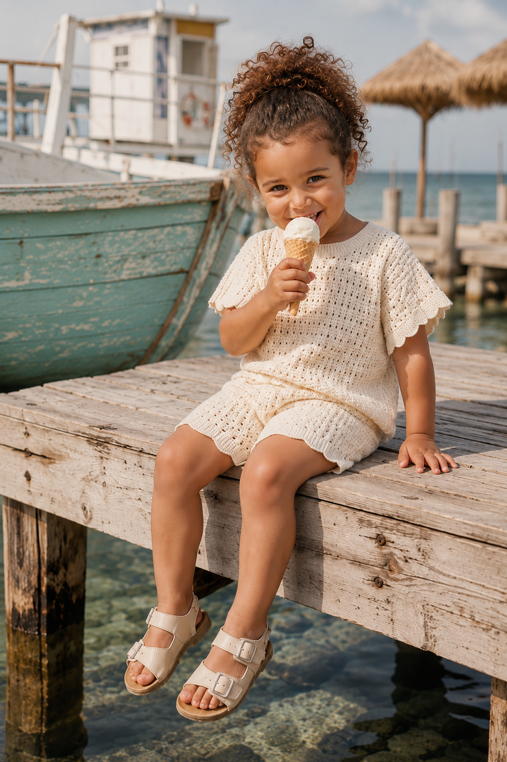 Cream Cotton Knitted Shorts & Top Set