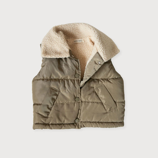 Khaki Padded Gilet with Shearling Collar