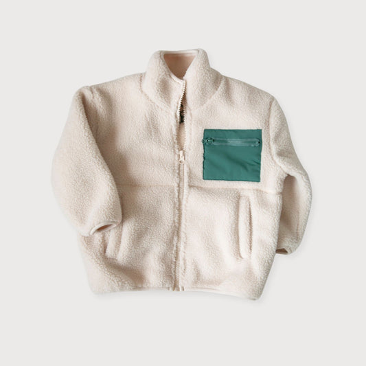 Cream Teddy Zip Jacket with Green Pocket