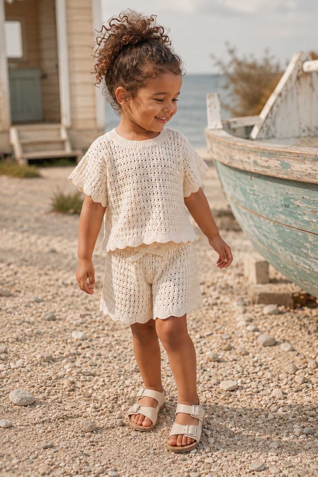 Cream Cotton Knitted Shorts & Top Set