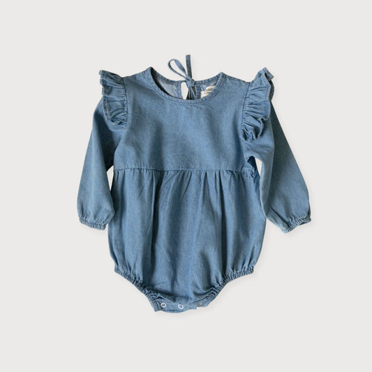 Denim Ruffle Long Sleeved Romper