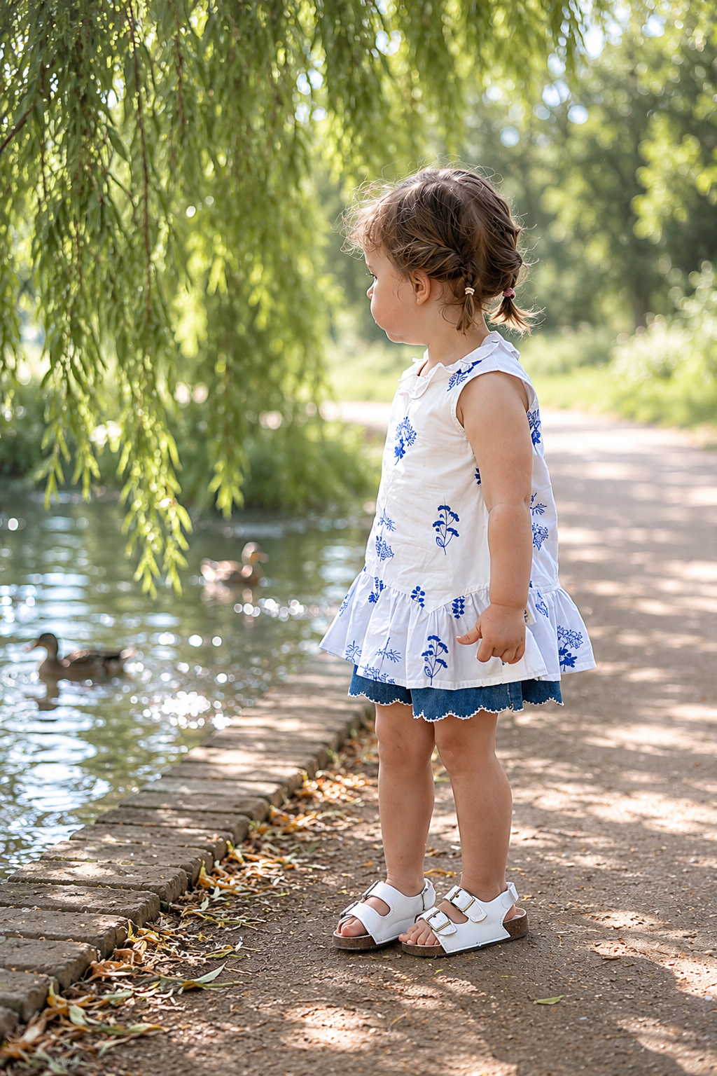 White Cotton Dress with Blue Floral Embroidery