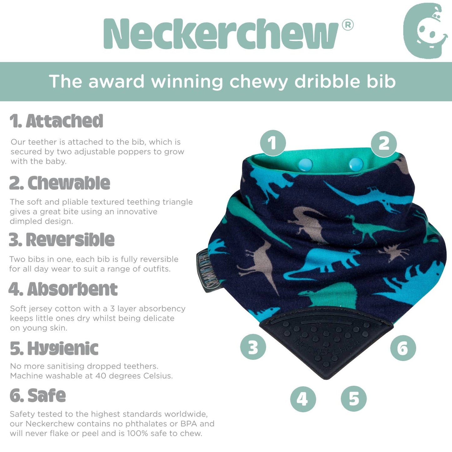 Cheeky Chompers - Neckerchew Teething Dribble Bib - Baby Dino