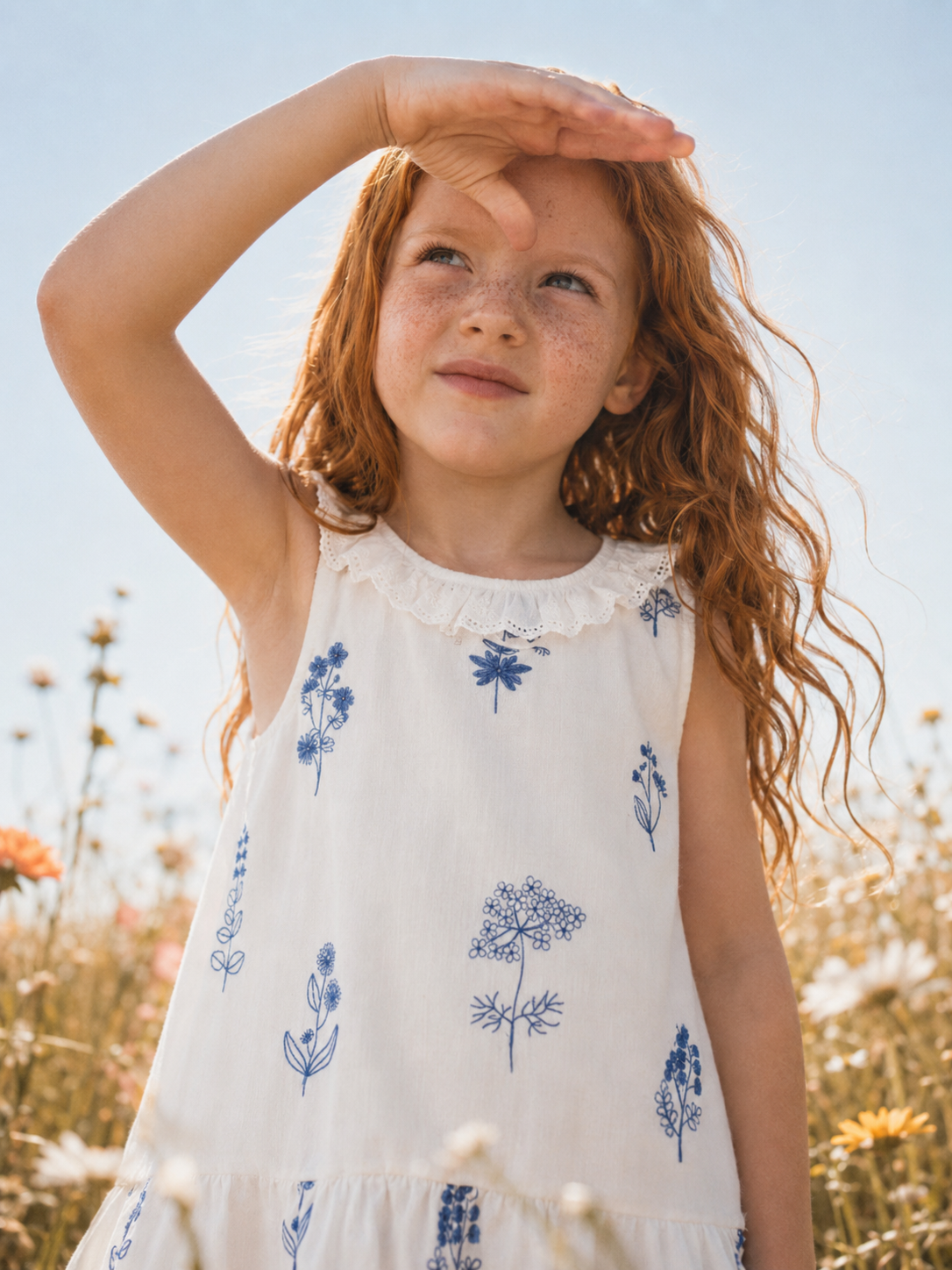 White Cotton Dress with Blue Floral Embroidery