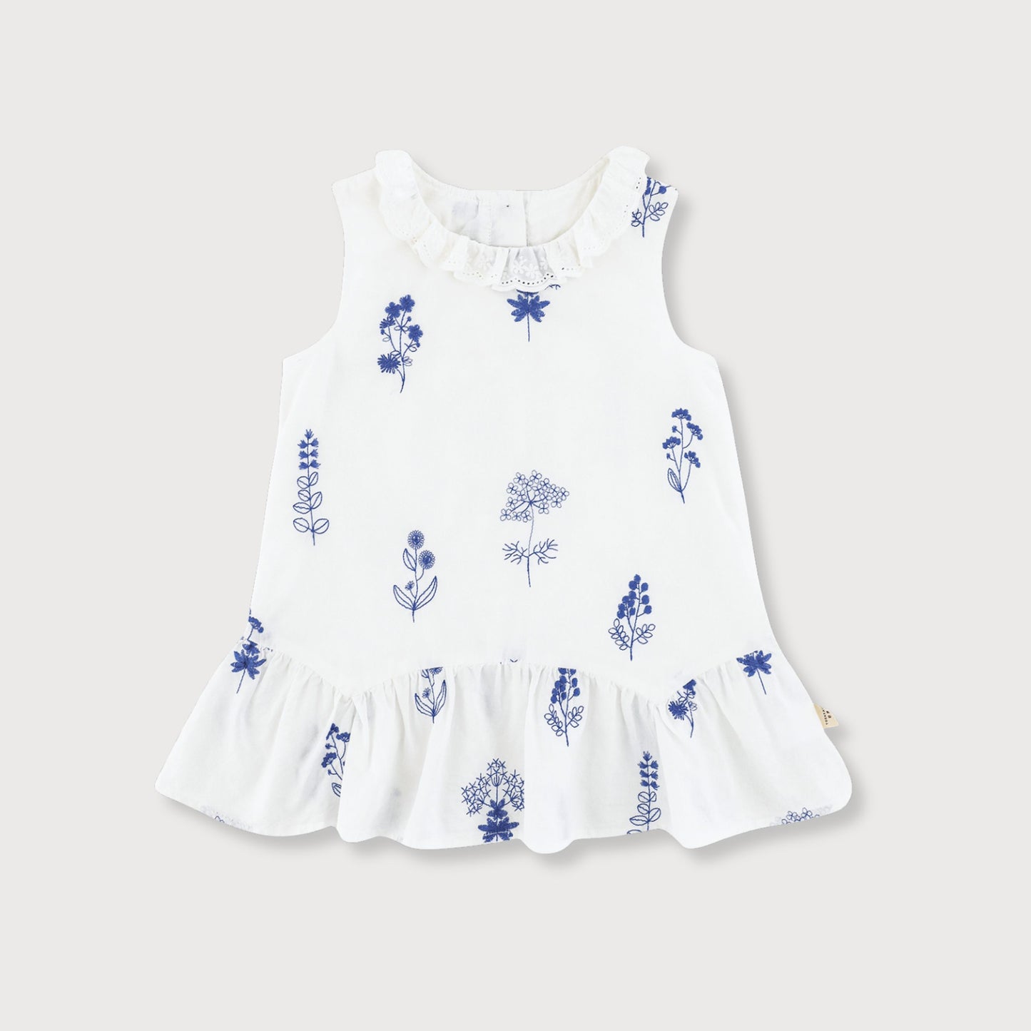 White Cotton Dress with Blue Floral Embroidery