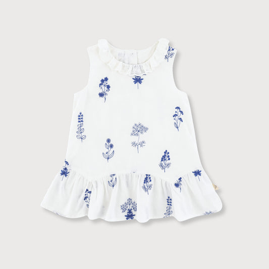 White Cotton Dress with Blue Floral Embroidery