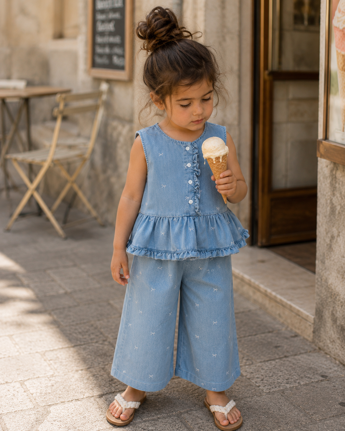 Embroidered Denim Two-Piece Set