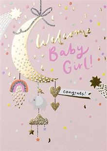 Welcome Baby Girl Card - Moon & Elephant - Muddy Boots Home UK