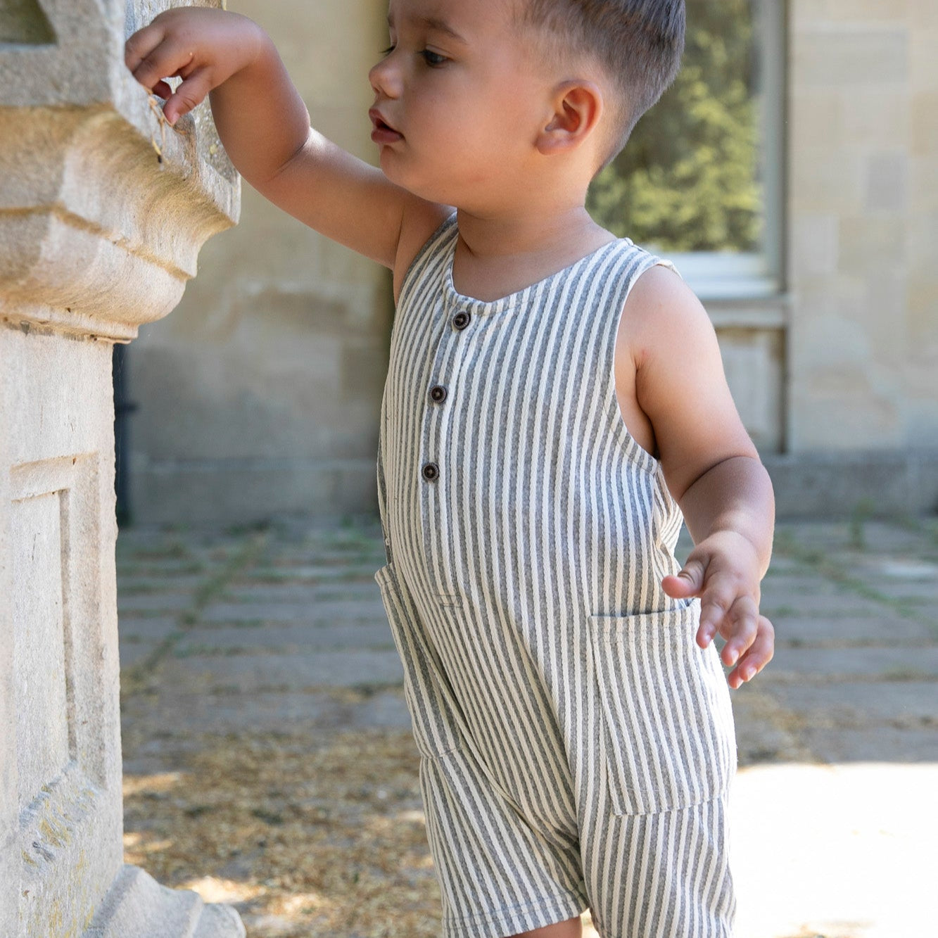 Grey & White Stripe Pocket Romper