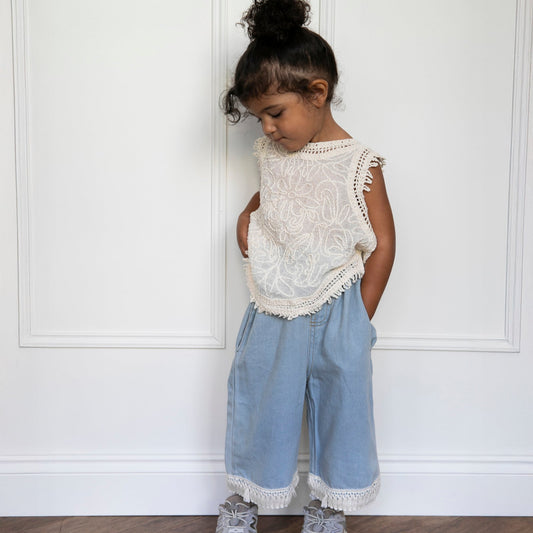 Cream Fringe Strappy Top & Jeans Set