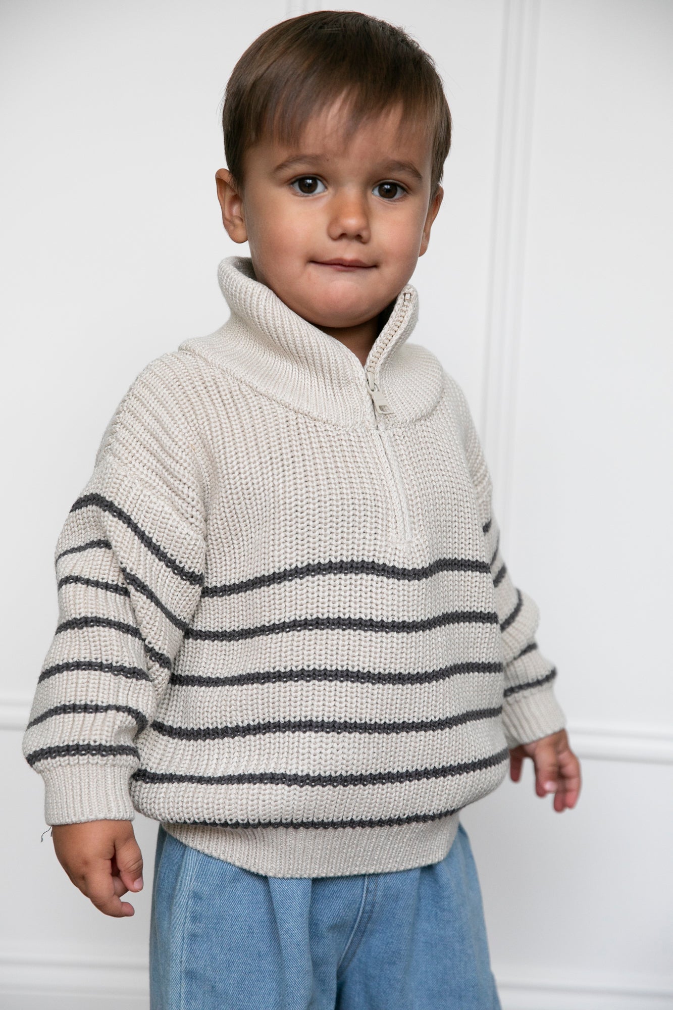 Beige Striped Half-Zip Knit