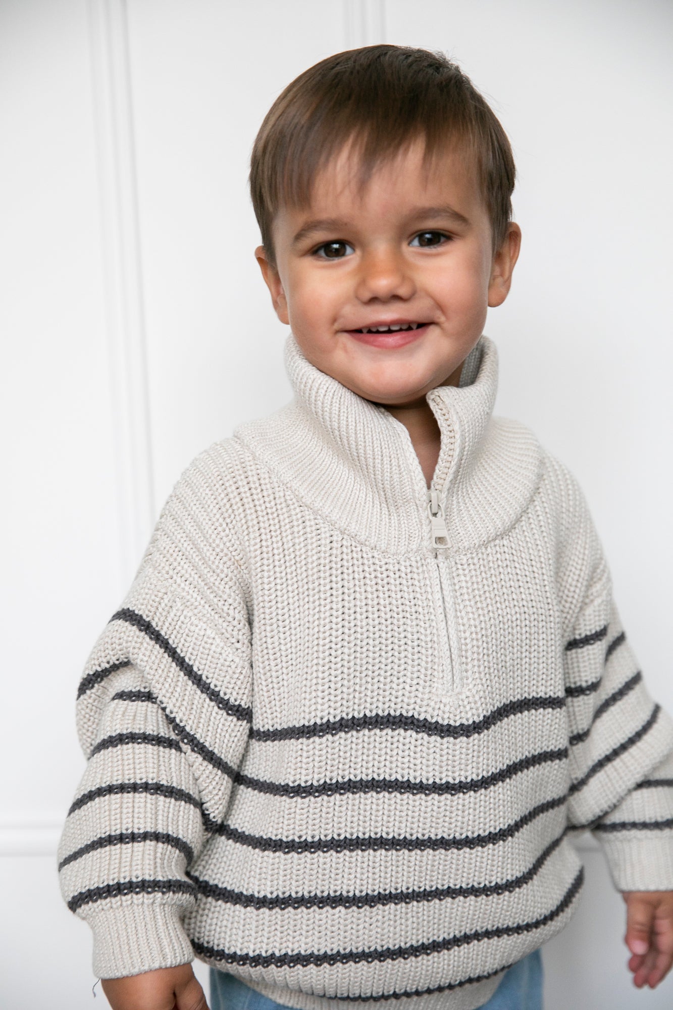 Beige Striped Half-Zip Knit