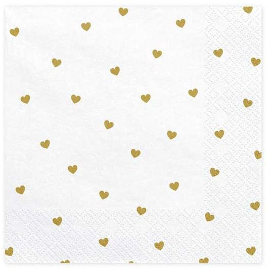 White Napkins With Gold Hearts 20PK - Muddy Boots Home UK