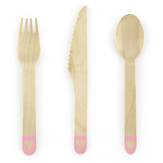18Pc Wooden Cutlery With Pink Hearts - Muddy Boots Home UK