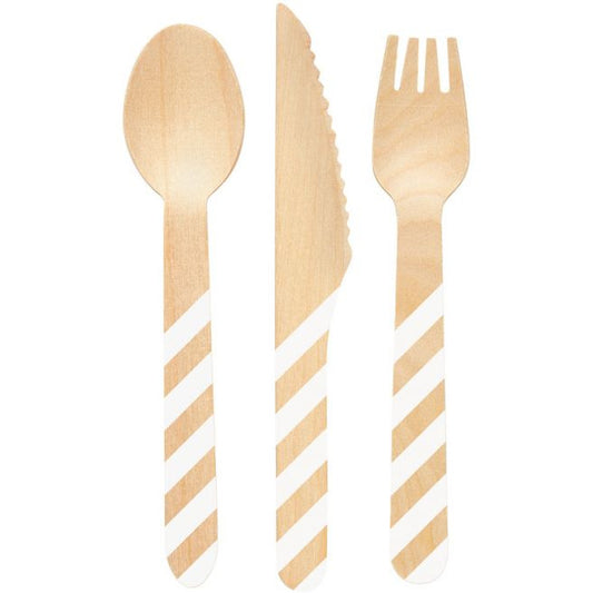 Set For 4 Disposable Striped Wooden Cutlery - Muddy Boots Home UK