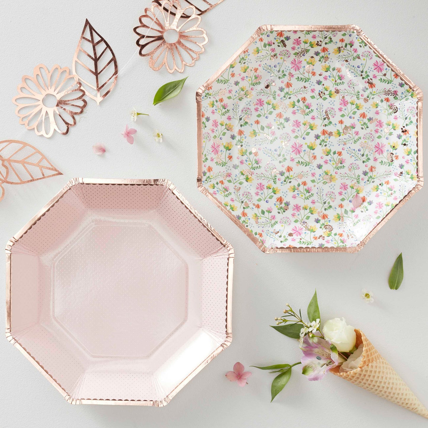 Rose Gold Foiled Paper Floral Plates - Muddy Boots Home UK