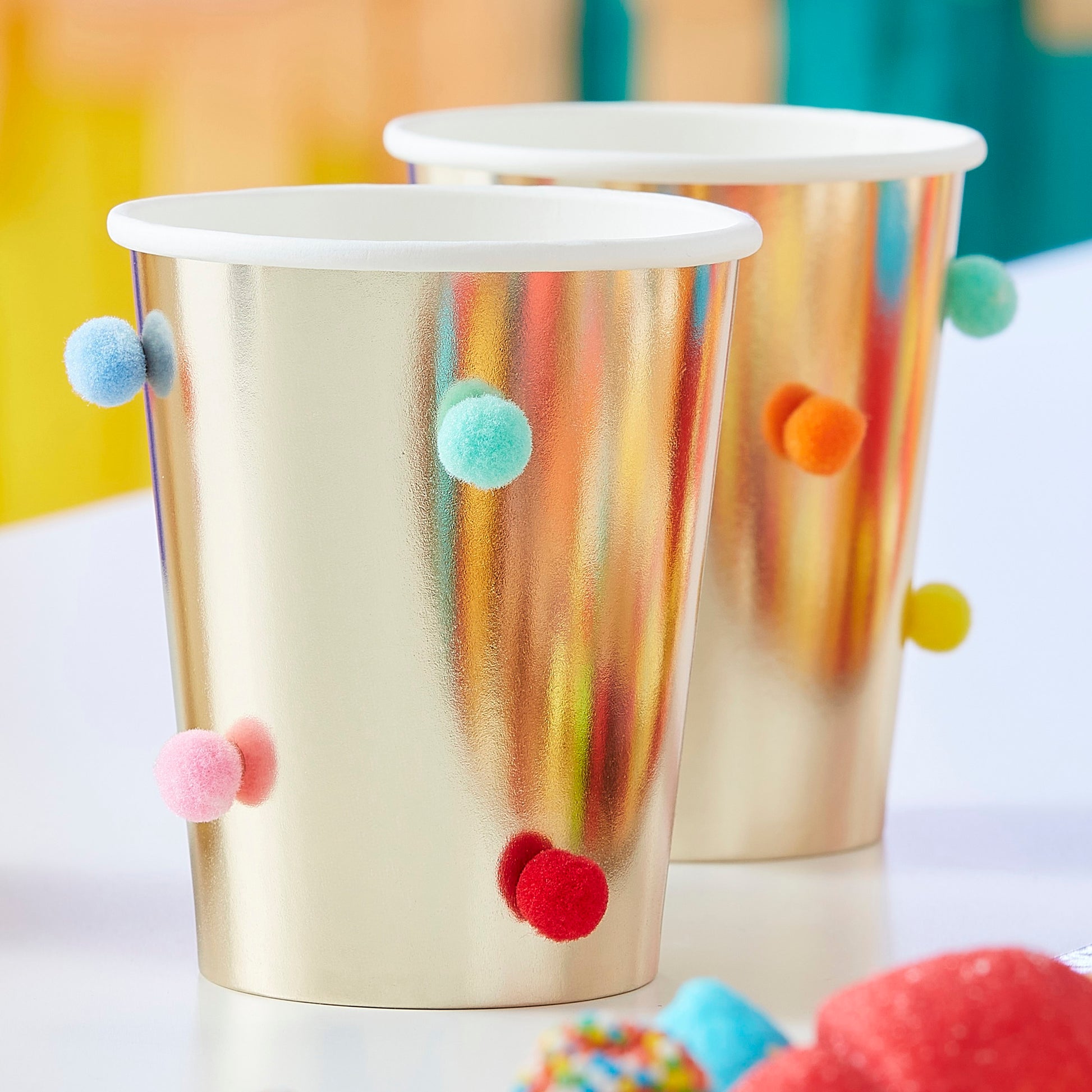 Rainbow Pom Pom Gold Paper Party Cups - Muddy Boots Home UK