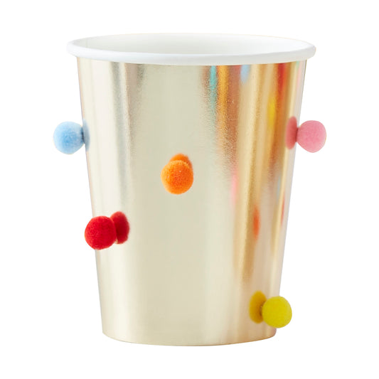 Rainbow Pom Pom Gold Paper Party Cups - Muddy Boots Home UK