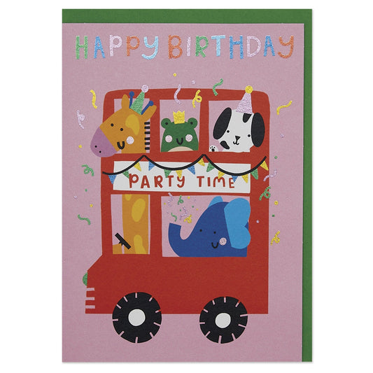 Fun time animal party bus children's Birthday card - Muddy Boots Home UK